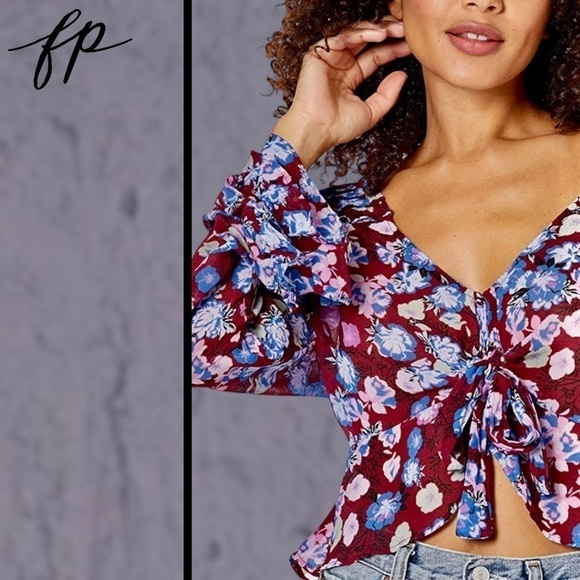 FREE PEOPLE NWT Maybel Tie Front Long Bell Sleeve Semi-Sheer Ruffle Blouse/Md - Picture 4 of 16